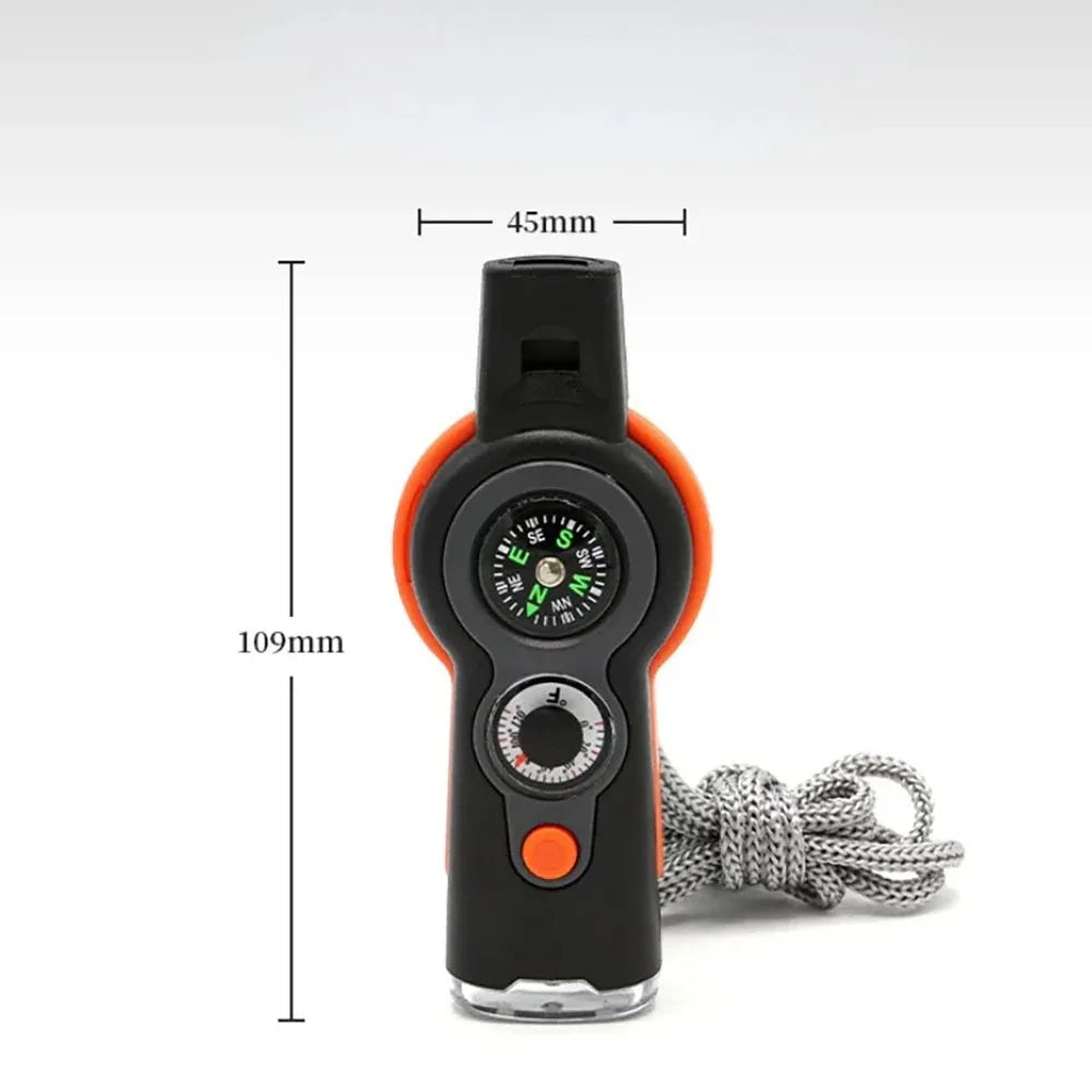 Camping Hiking 7in1 Outdoor Multifunctional Survival Whistle Flashlight Compass Thermometer Magnifier Reflector Magnifying Glass