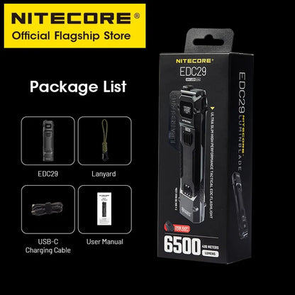 NITECORE EDC29 Utra Slim EDC Flashight 6500 Lumens USB-C Rechargeable Tactical Troch Light Built-in 2500mAh Li-ion Battery