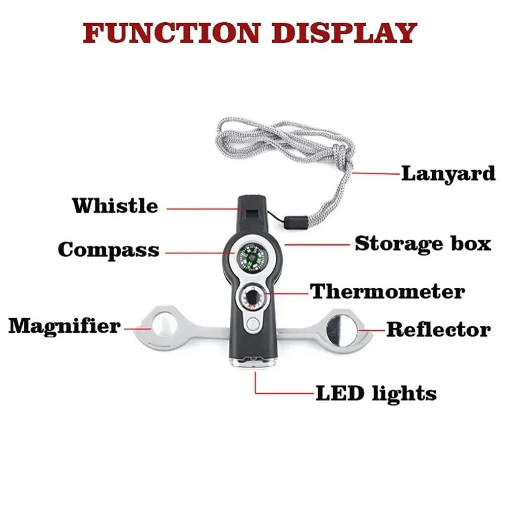 Camping Hiking 7in1 Outdoor Multifunctional Survival Whistle Flashlight Compass Thermometer Magnifier Reflector Magnifying Glass