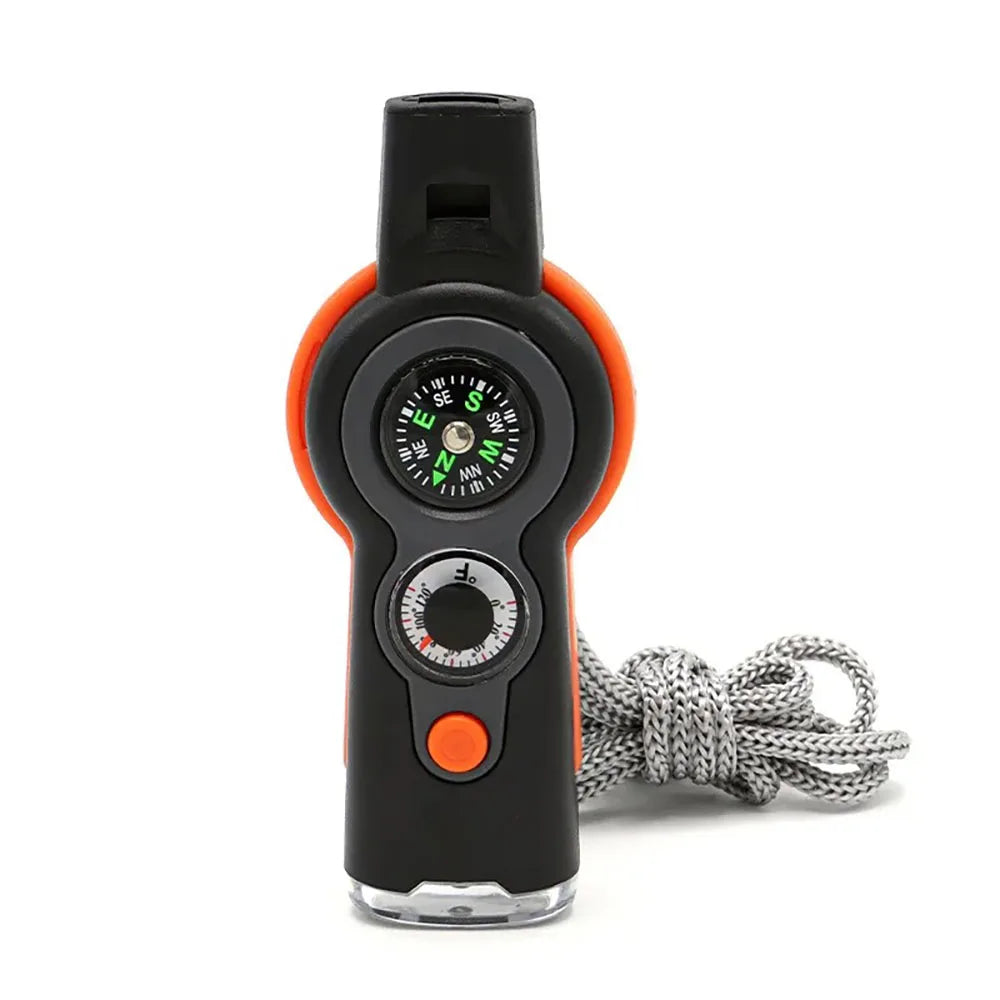 Camping Hiking 7in1 Outdoor Multifunctional Survival Whistle Flashlight Compass Thermometer Magnifier Reflector Magnifying Glass